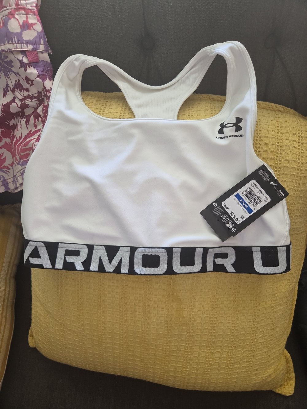 Under Armour White Mid Compression Sports Bra with Black Branded Band